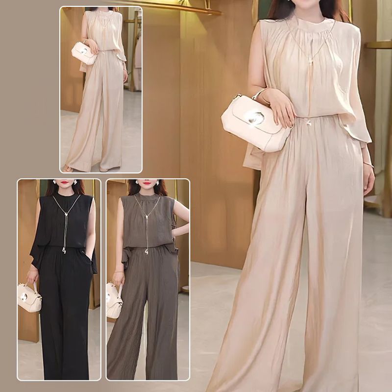 Chic Strapless Buttoned Top and Wide-Leg Trousers Two-Piece Set