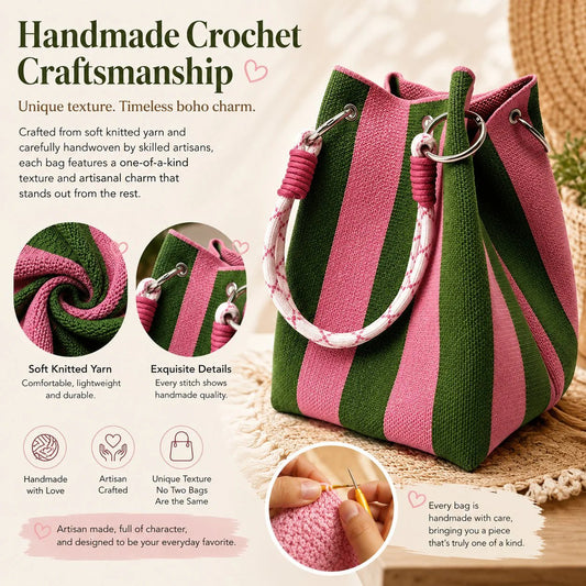 🔥LIMITED TIME SPECIAL PRICE £7.99!👜 Boho Striped Knit Women’s Bucket Handbag | Hand‑Made Autumn Casual Shoulder Bag
