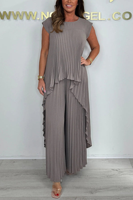 【Factory Direct Sales】Laney Pleated Short Sleeve Irregular Midi Top and Elastic Waist Wide Leg Pants Set