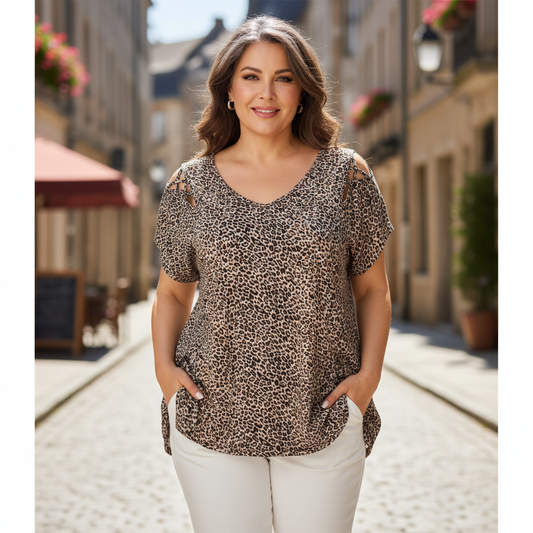 ⏰Last Day Sale 57% Off💃Women's T-shirt with leopard pattern, loose fit, V-neck