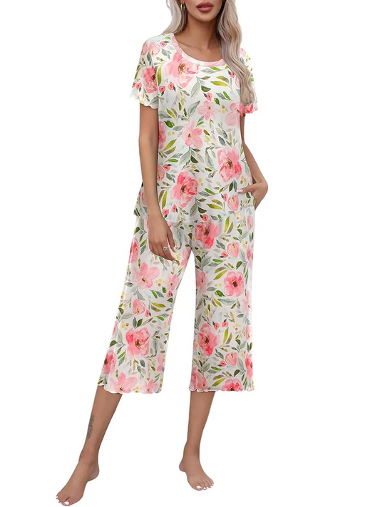 Hot Sale Women's Printed Short Sleeve Top With 7 Points Pants Casual Comfort Set