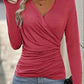 Women's Slim Fit V Neck Long Sleeve Ruched Waist Top for Spring and Autumn