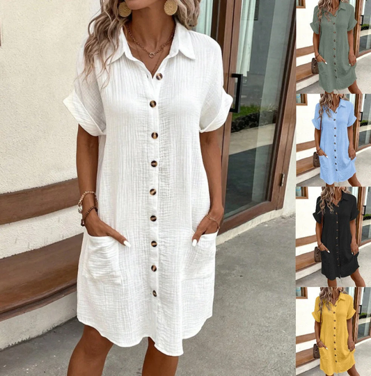 💎50% OFF! 💎 Women's Buttoned Short Sleeve Pocket Shirt Dress – Cotton Blend, Relaxed Fit & Everyday Versatility (M–2XL) 👗🌿