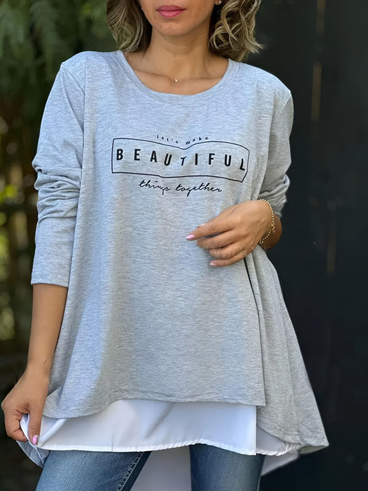 💙55 % OFF💙Letter Print Fake Two Piece Long Sleeve T-shirt