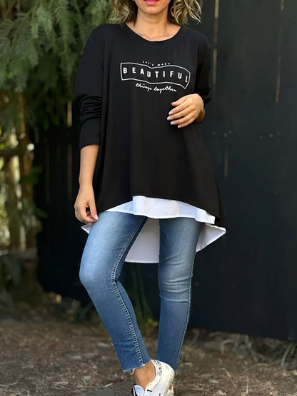 💙55 % OFF💙Letter Print Fake Two Piece Long Sleeve T-shirt