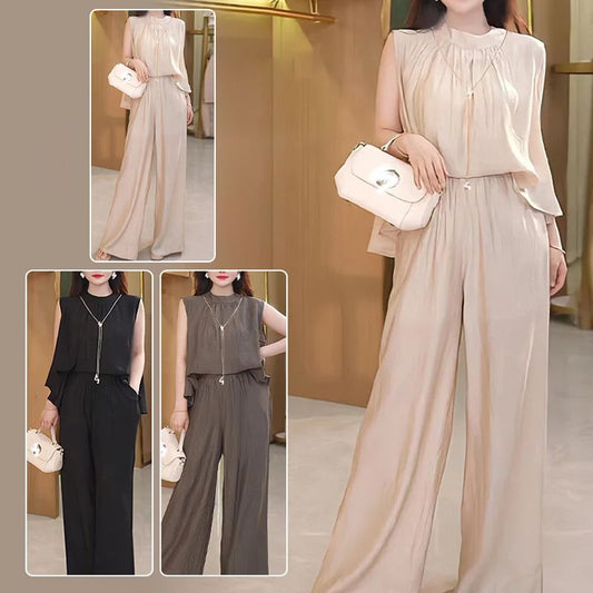 Women's stylish flowy two piece set sleeveless top and wide leg pants【Free shipping】