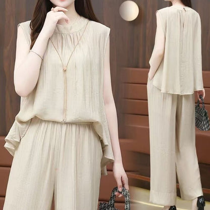 Women's stylish flowy two piece set sleeveless top and wide leg pants【Free shipping】