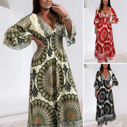 💖 NEW HOT SALE 💖Women's Lucky Print Maxi Dress【Elastic waist, suitable for all occasions】
