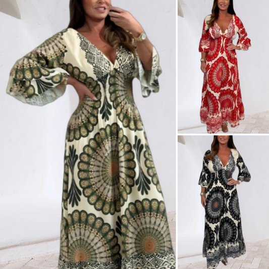💖 NEW HOT SALE 💖Women's Lucky Print Maxi Dress【Elastic waist, suitable for all occasions】