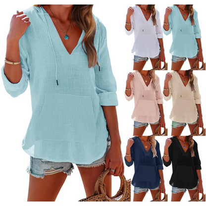 💕Wardrobe Essentials🔥Women's Solid V-Neck Long Sleeve Hooded Top with Pocket