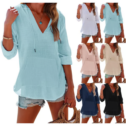 💕Wardrobe Essentials🔥Women's Solid V-Neck Long Sleeve Hooded Top with Pocket