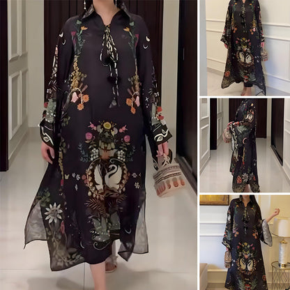 Women’s Printed V-Neck Loose Long-Sleeve Maxi Dress【Factory Direct Sales】