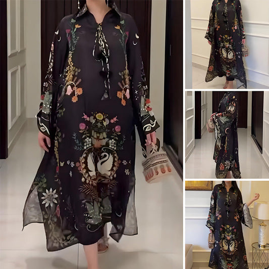 Women’s Printed V-Neck Loose Long-Sleeve Maxi Dress【Factory Direct Sales】