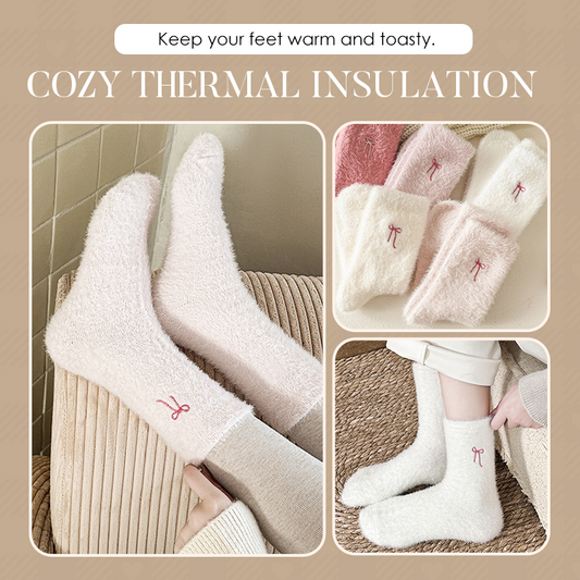 3Pairs Women's Plush Mink Socks with Bow Embroidery