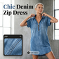 ⌛Limited-Time Offer⏰-Women's Loose-Fitting Collared Zipper Denim Dress with Pockets
