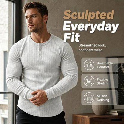 💪 Built to Flatter & Move | Men's Stretch-Rib Slim-Fit Henley Shirt