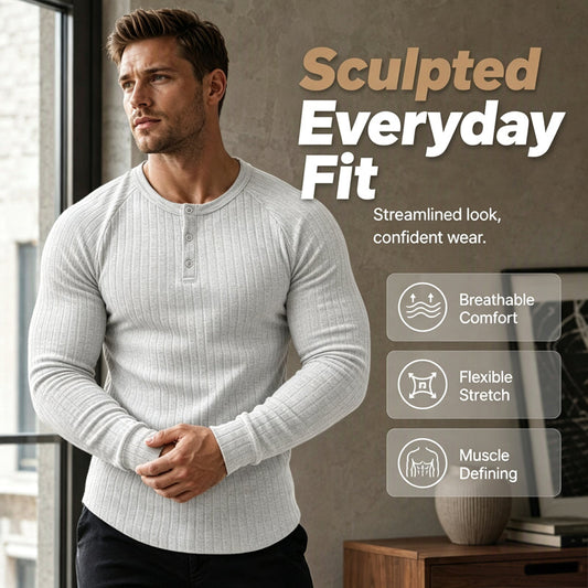 💪 Built to Flatter & Move | Men's Stretch-Rib Slim-Fit Henley Shirt
