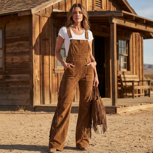 🤎 Standout Western Style | Women's Suede-Like Fringe Wide-Leg Overalls
