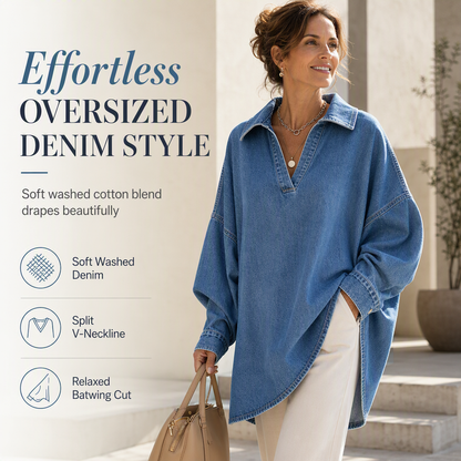 💙 Relaxed Fit, Standout Shape | Women's V-Neck Batwing Denim Pullover