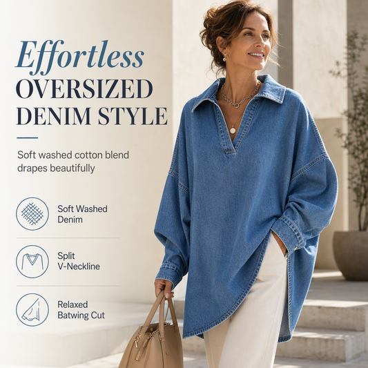 💙 Relaxed Fit, Standout Shape | Women's V-Neck Batwing Denim Pullover