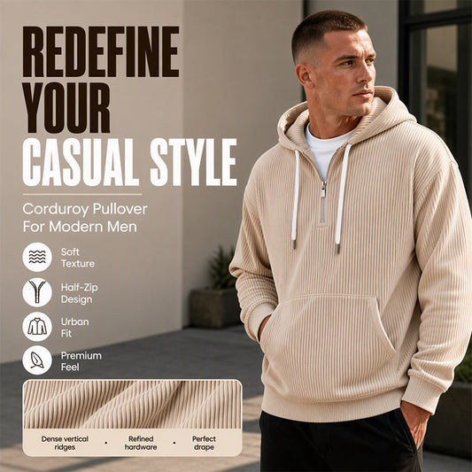 🧶 Texture You Can Feel | Men's Corduroy Half-Zip Hooded Pullover