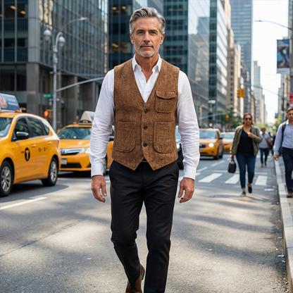 🎩 Classic Texture, Polished Look | Men's Herringbone Tweed Multi-Pocket Vest