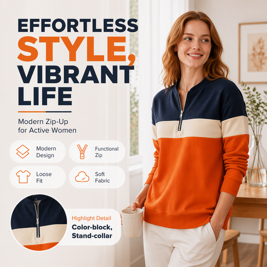 🎨 Bold Color-Block, Easy Half-Zip Style | Women's Relaxed Sweatshirt