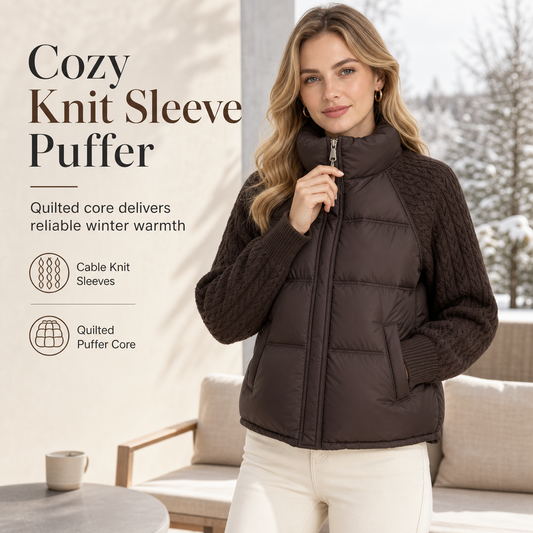 🧶 Knit Sleeves, Puffer Warmth | Women's Cable-Knit Patchwork Puffer Jacket