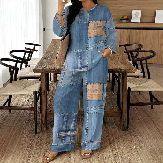 🎨 Denim Look, Lighter Feel | Women's Patchwork Top & Wide-Leg Pants 2-Piece Set