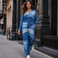 🎨 Denim Look, Lighter Feel | Women's Patchwork Top & Wide-Leg Pants 2-Piece Set
