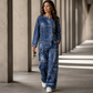 🎨 Denim Look, Lighter Feel | Women's Patchwork Top & Wide-Leg Pants 2-Piece Set