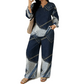🎨 Denim Look, Lighter Feel | Women's Patchwork Top & Wide-Leg Pants 2-Piece Set