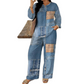 🎨 Denim Look, Lighter Feel | Women's Patchwork Top & Wide-Leg Pants 2-Piece Set