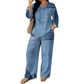 🎨 Denim Look, Lighter Feel | Women's Patchwork Top & Wide-Leg Pants 2-Piece Set
