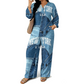 🎨 Denim Look, Lighter Feel | Women's Patchwork Top & Wide-Leg Pants 2-Piece Set