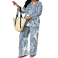 🎨 Denim Look, Lighter Feel | Women's Patchwork Top & Wide-Leg Pants 2-Piece Set