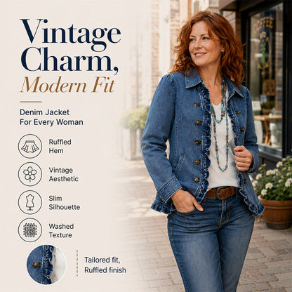 💙 Denim with a Feminine Twist | Women's Double-Breasted Ruffle Jacket