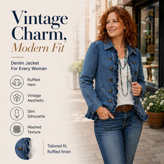 💙 Denim with a Feminine Twist | Women's Double-Breasted Ruffle Jacket