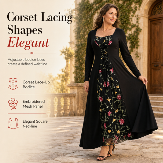 🌺 Corset Detail, Floral Elegance | Women's Embroidered Lace-Up Maxi Dress