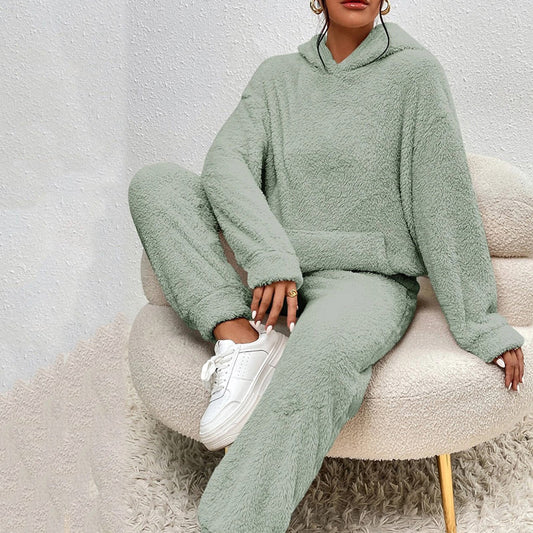 ☁️ Fuzzy Comfort, Complete Look | Women's Hooded Top & Pants 2-Piece Set