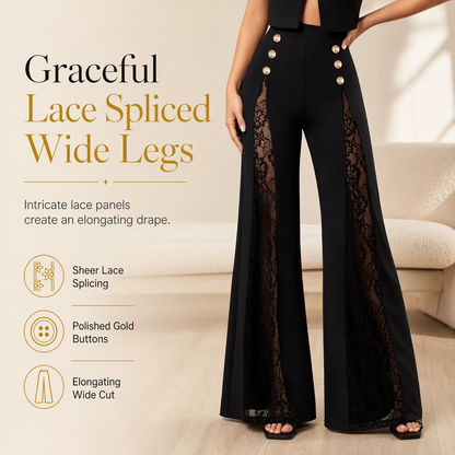 ✨ Elegant & Romantic 💕 Women's High Waisted Lace Spliced Wide Leg Trousers with Decorative Gold Buttons – Flowy & Dressy 👖