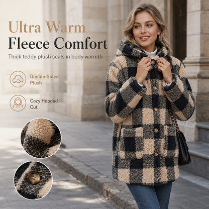 ✨ Retro & Warm 🍂 Women's Long Sleeve Plaid Faux Shearling Hooded Coat – Loose Casual Winter Outerwear 🧥 Short Facebook Headline