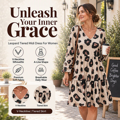 🏆 Bestseller – Extra Savings Now 🐆 Women's Leopard Print V-Neck Long Sleeve Dress ✨ flattering v-neck, trendy leopard print, soft fabric