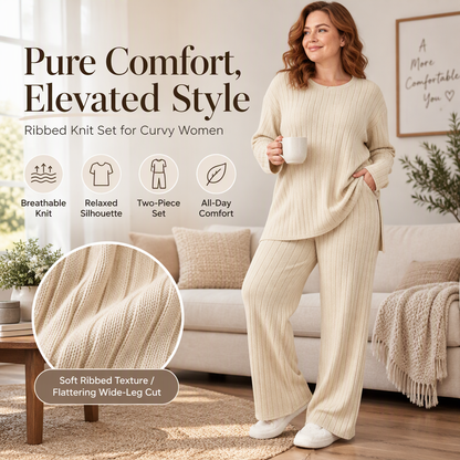 💥 Limited Time Offer 🧶 Women's Ribbed Knit Side-Slit Top & Pants Set ✨ stretch ribbed fabric, elegant side slit, comfy matching set