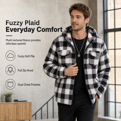 ⏰ Last Chance 🧥 Men's Plaid Fuzzy Hooded Zip-Up Coat with Dual Flap Chest Pockets ✨ fuzzy plush lining, plaid print, hooded zip coat with chest pockets