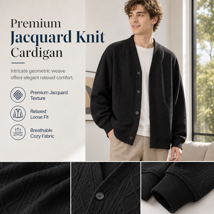 🌸 New Collection – Special Price! 🧶 Jacquard Knit Loose Fit Cardigan for Men ✨ jacquard knit fabric, relaxed fit, open front casual knit cardigan